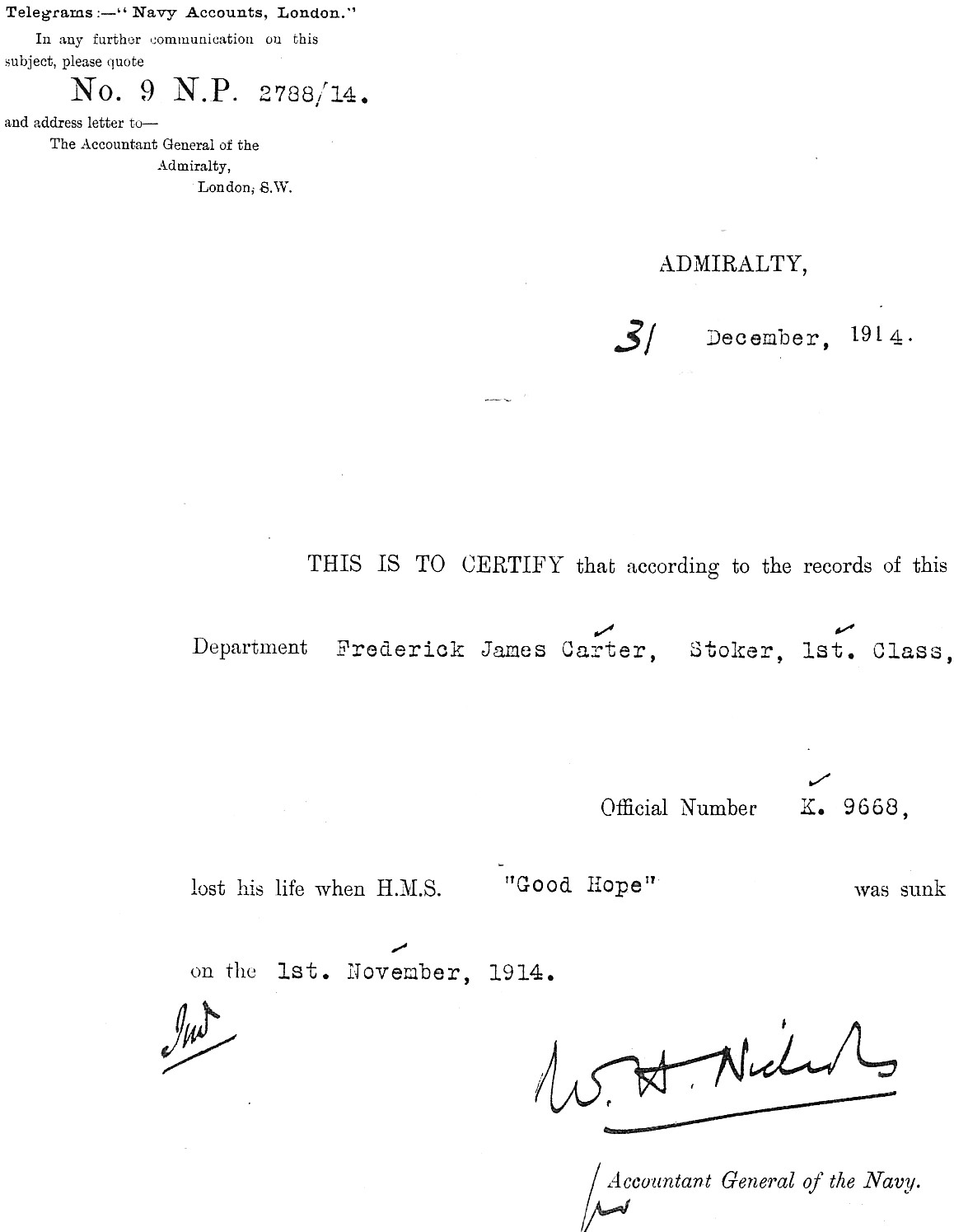 Coronel telegram from Admiralty