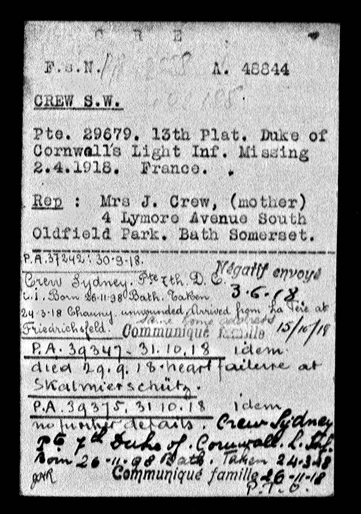 Sidney Crwe POW record