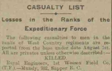 Announcement of Ernest Mundy's death in the Bath paper